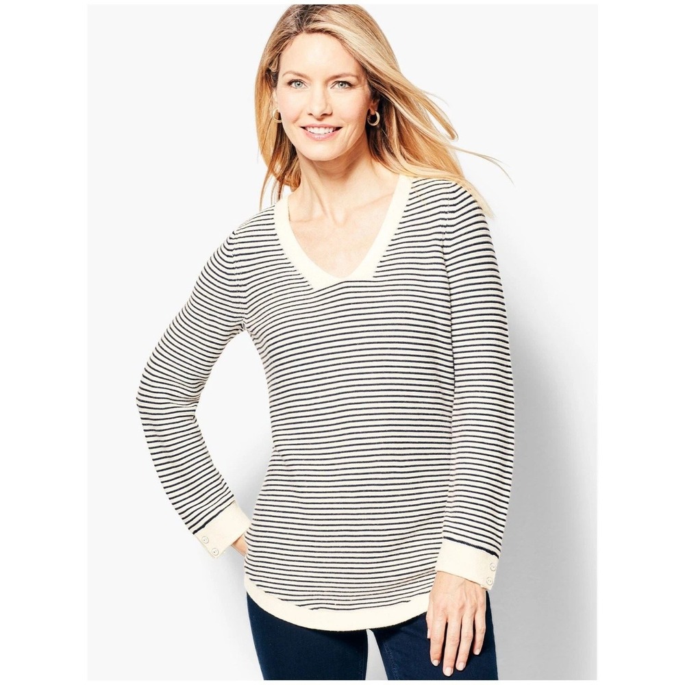 Talbots Sweater Women 2X Black White Striped V-Neck Knit Long Sleeve Trim
